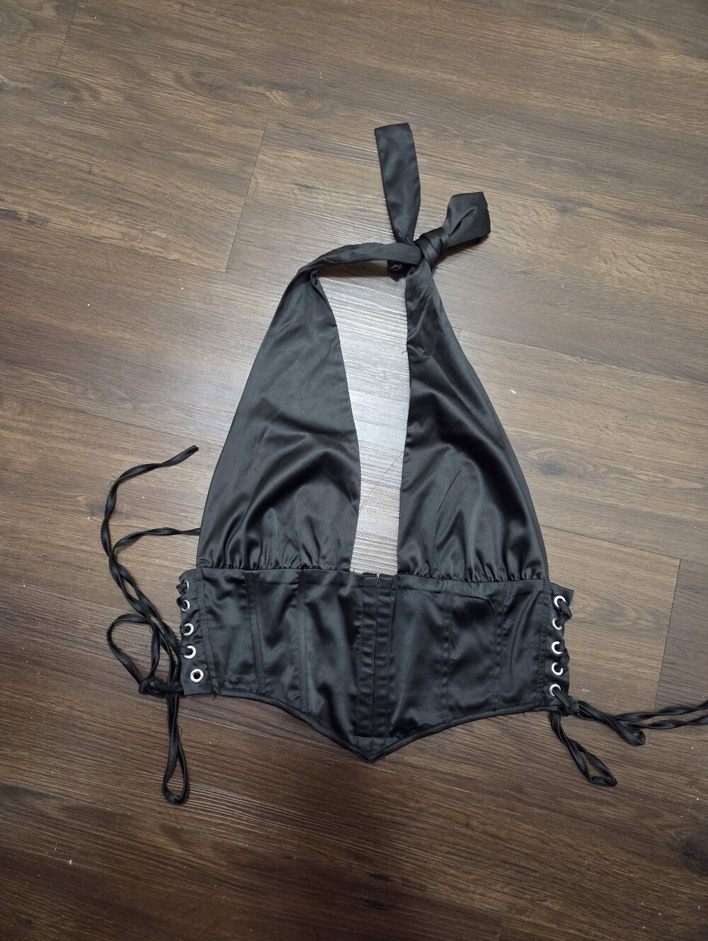 Windsor Black Satin Halter Crop Top with Lace-Up Sides